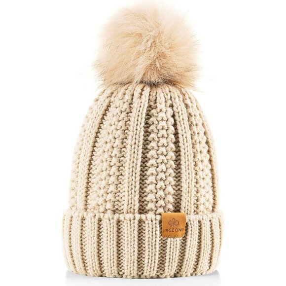 Women\'s Faux Fur Fleece Lined Oatmeal Winter Thick Knit Pom Skull Beanie Hat Cap
